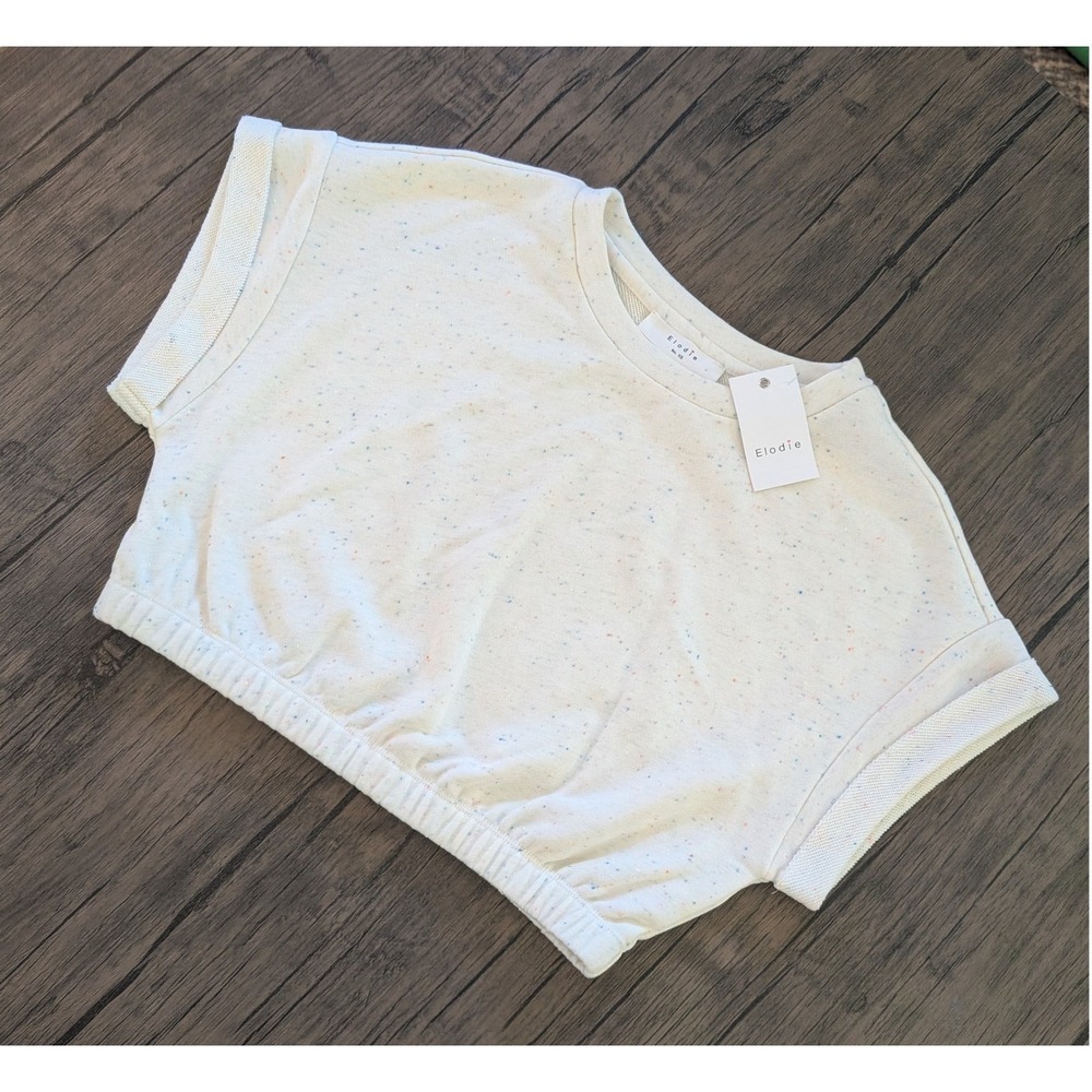 Elodie Cropped Speckled Short Sleeve Sweatshirt Confetti Knit Cream XS NWT